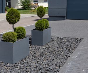 modern black garage in suburban street in south germany countryside near city stuttgart